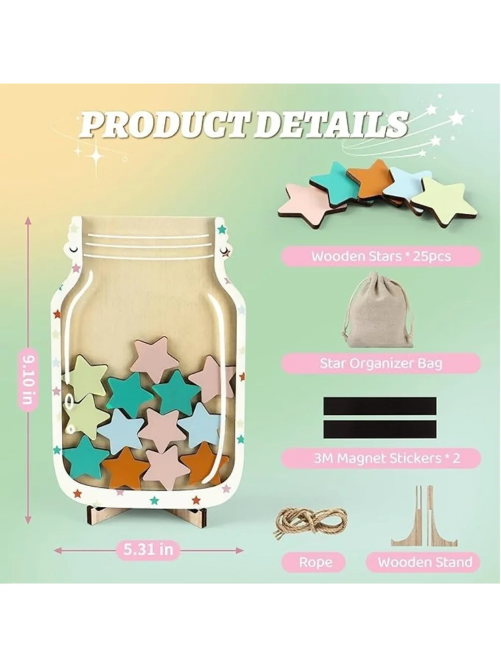 Harvcci Aesthetic Star Magnetic Wooden Stars 9-in Jar Reward